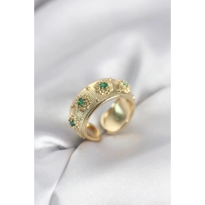 Yeşil Zirkon Taşlı Gold Renk Vintage Kadın Yüzük