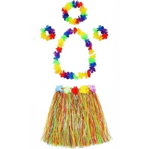 Yetişkin ve Çocuk Uyumlu Luau Aloha Hawaii  Kolye Renkli Etek Taç ve Bileklik Seti