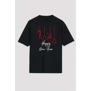 Yılbaşı Happy New Year Baskılı Kısa Kollu Oversize Bisiklet Yaka T-shirt - Siyah