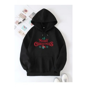 Yılbaşı Merry Christmas Baskılı Oversize Kapüşonlu Sweatshirt Hoodie - Siyah