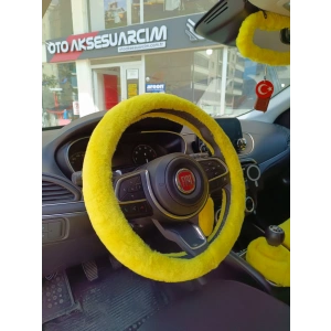 Yumuşak Tüylü Peluş Direksiyon Kılıfı Sarı