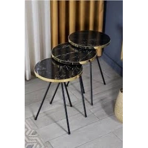 Zigon Sehpa 3lü Altın Metal Ayak Bendir Altın Siyah