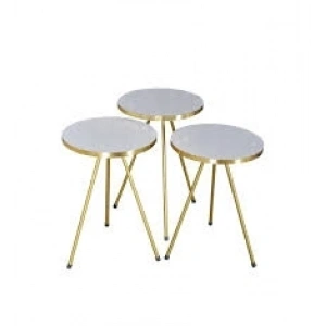Zigon Sehpa 3lü Altın Metal Ayak Beyaz Altın 1061