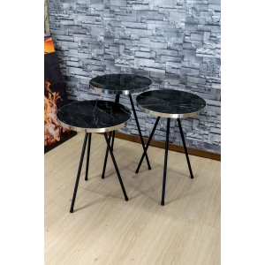 Zigon Sehpa 3lü Siyah Metal Ayak Gümüş Siyah Bendir 1070