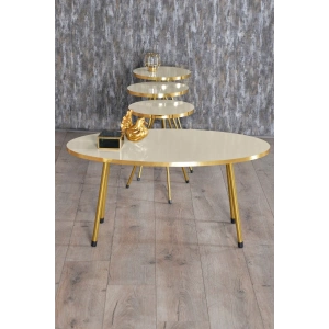 Zigon Sehpa ve Orta Sehpa Elips Gold Metal Ayak Gold Krem Set