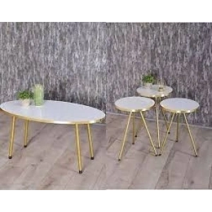 Zigon Sehpa Ve Orta Sehpa Elips Set  Altın Metal Ayak Altın Beyaz