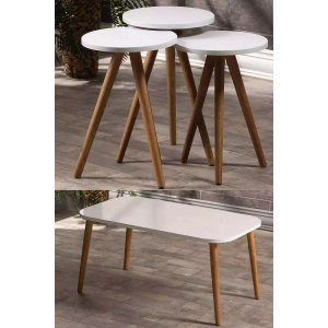 Zigon Sehpa Ve Orta Sehpa Set Ahşap Kr Torna Beyaz