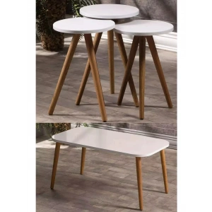 Zigon Sehpa Ve Orta Sehpa Set Ahşap Kr Torna Beyaz