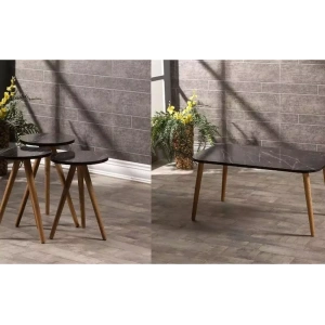 Zigon Sehpa Ve Orta Sehpa Set Ahşap Kr Torna Siyah Mermer Desen