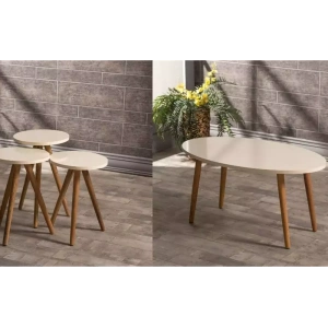 Zigon Sehpa Ve Orta Sehpa Set Ahşap Torna Elips Krem