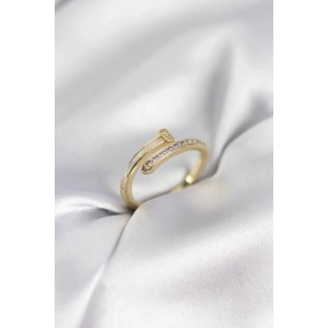 Zirkon Taşlı Gold Renk Yassı Çivi Model Kadın Yüzük