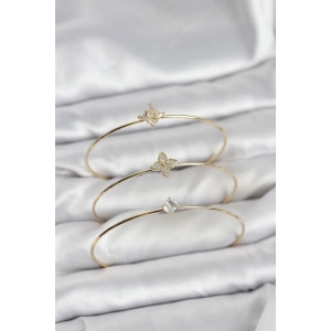 Zirkon Taşlı Gold Renk Yonca Model 3lü Kadın Bileklik Kombini