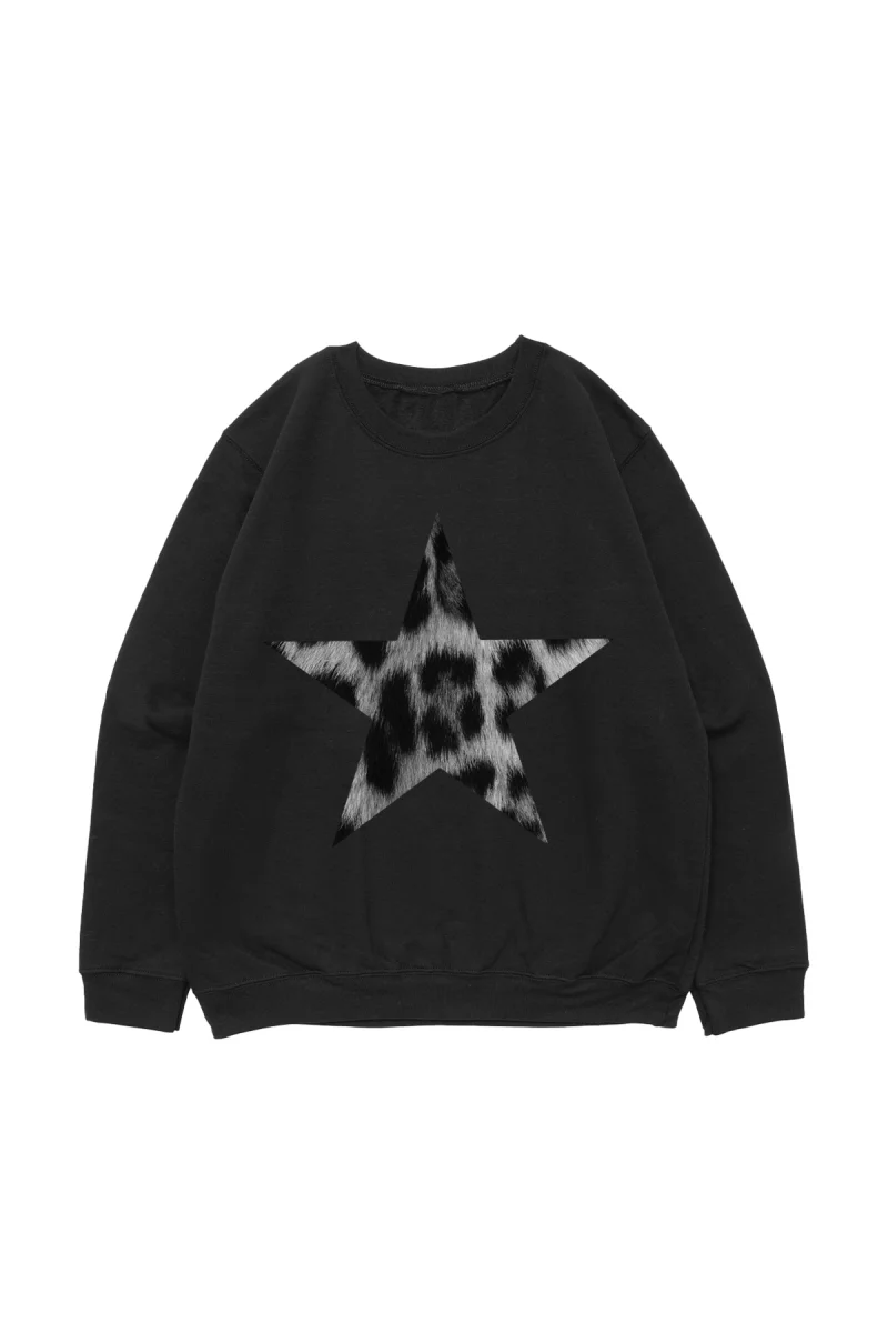 V2 Starz Leopar Baskılı Baskılı Siyah Oversize Unisex Sweatshirt
