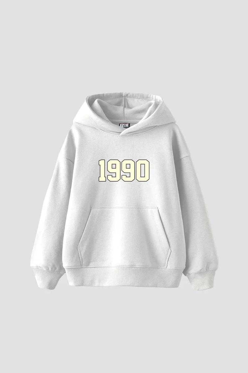 1990 Baskılı Oversize Unisex Beyaz Hoodie