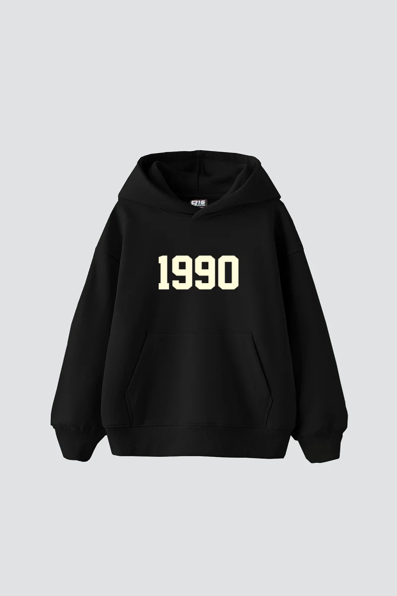 1990 Baskılı Oversize Unisex Siyah Hoodie