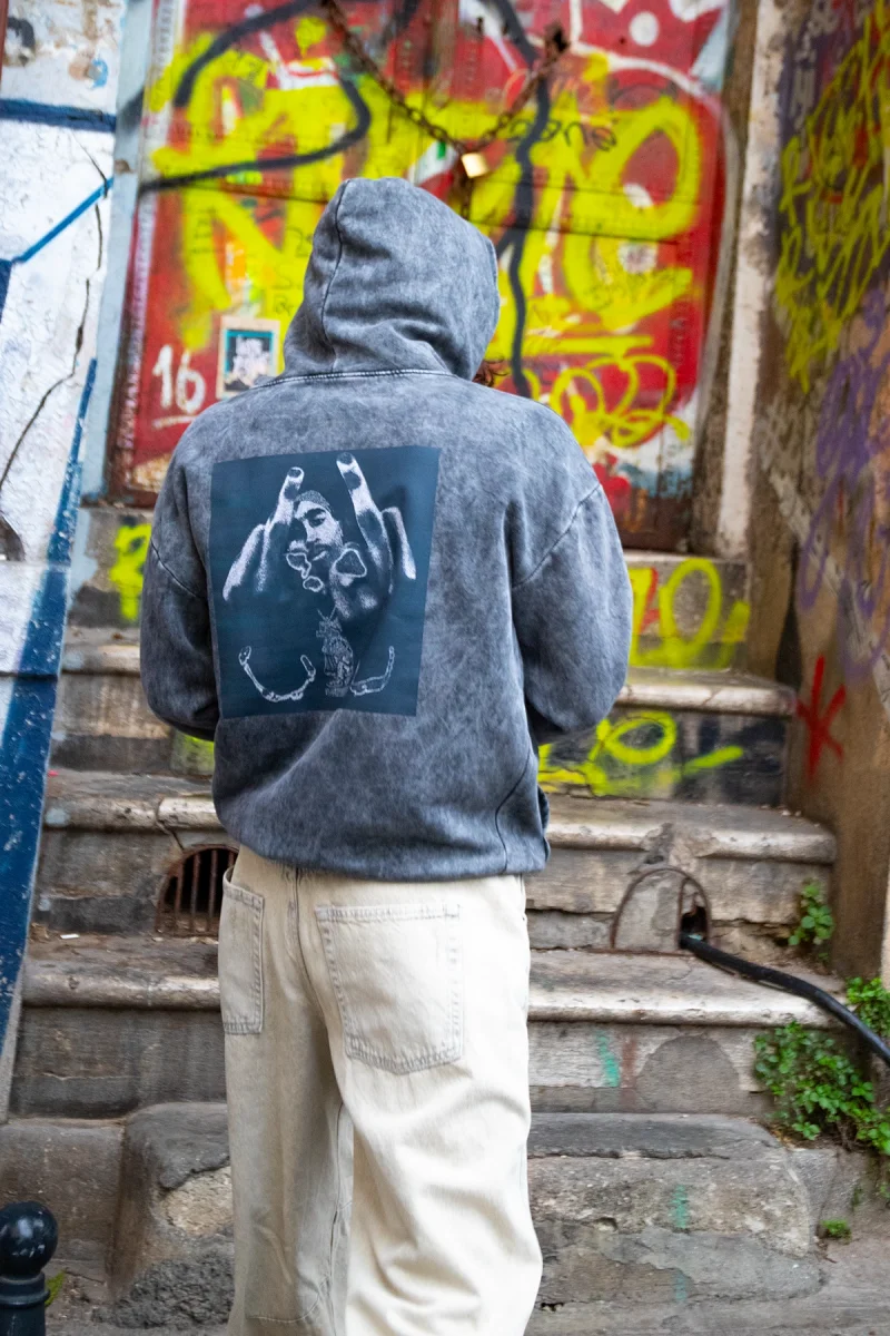 All Eyez On Me Baskılı Oversize Unisex Premium Yıkamalı Siyah Hoodie