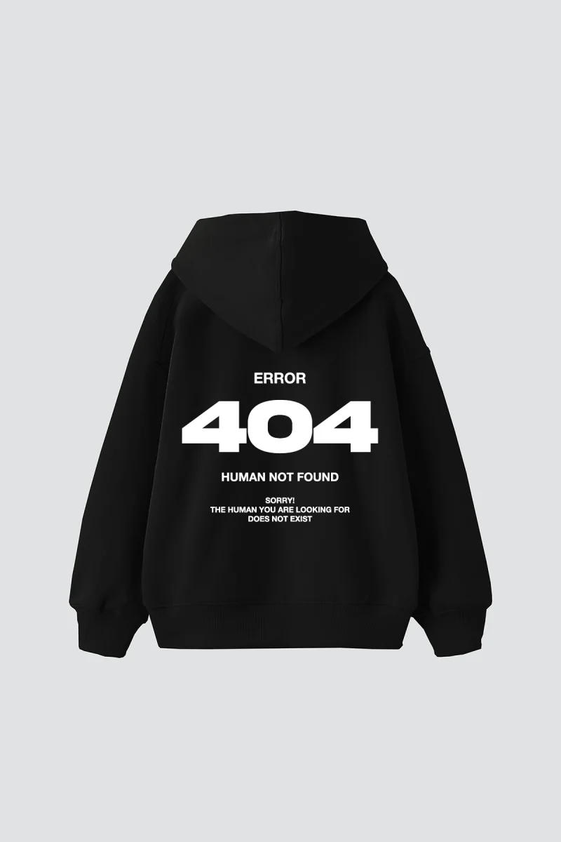 404 Error Baskılı Oversize Unisex Premium Siyah Hoodie
