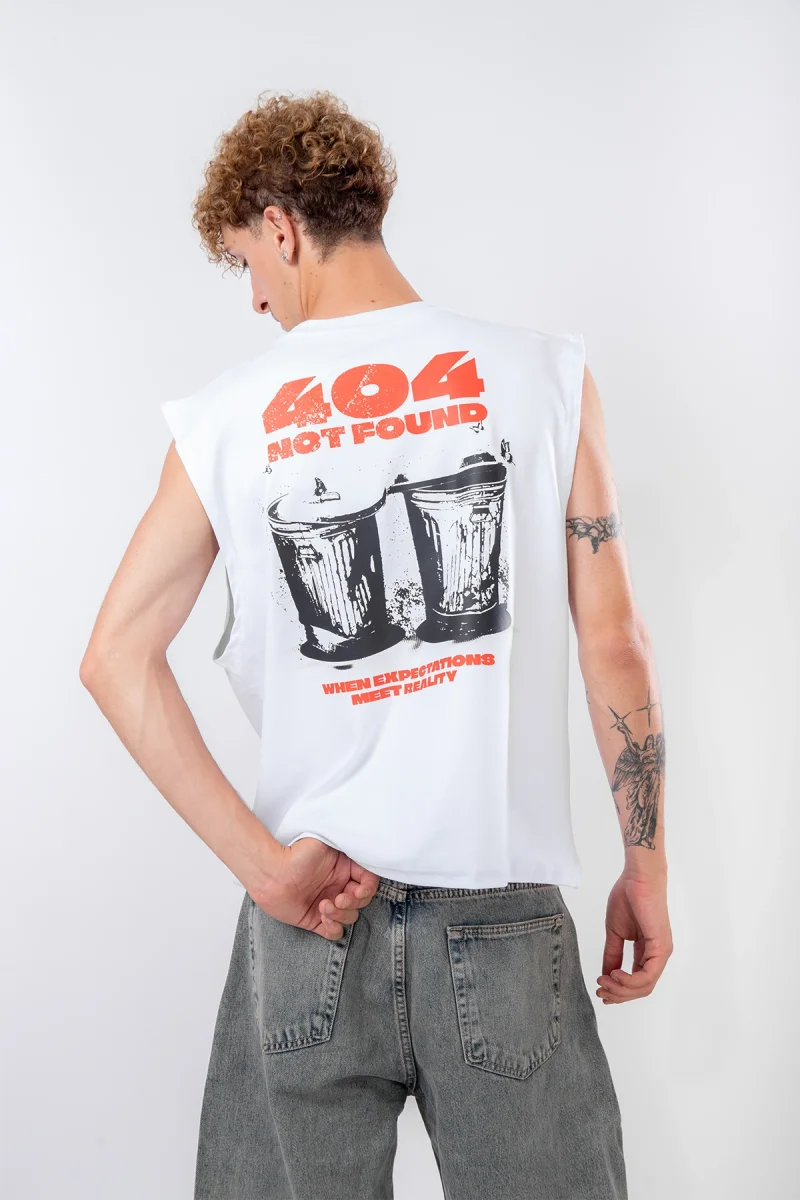 404 Not Found Baskılı Beyaz Sıfır Kol Tişört