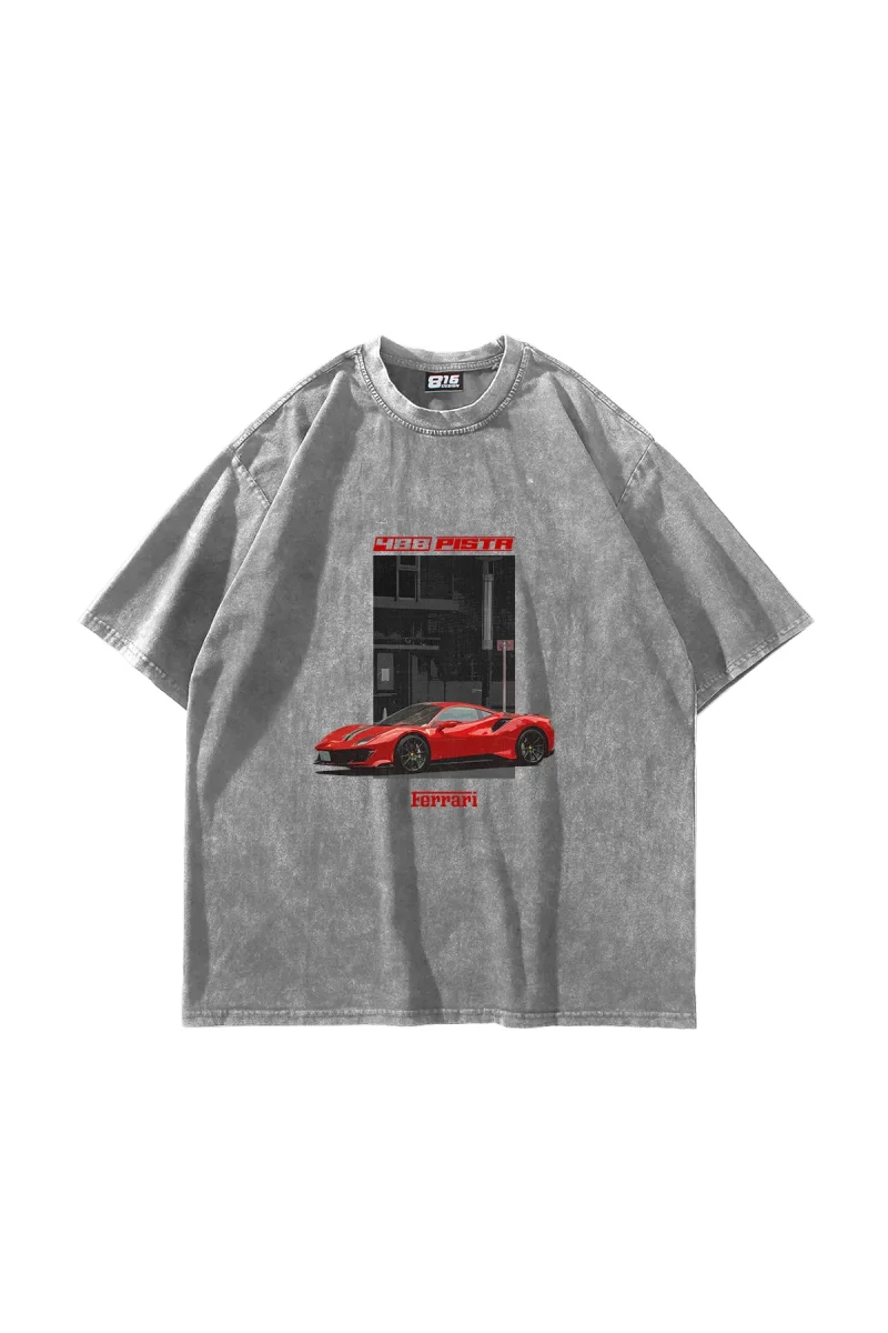 488 Pista Baskılı Oversize Unisex Yıkamalı Beyaz Tshirt