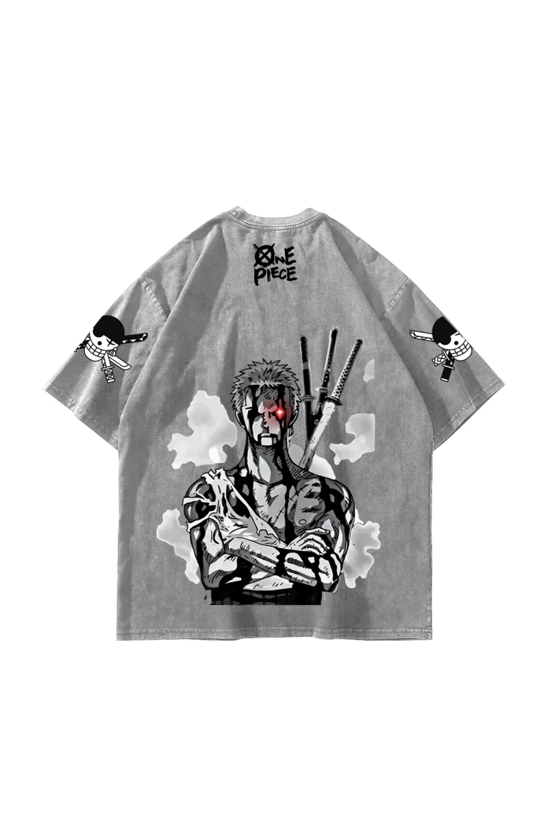 Roronoa Zoro Baskılı Oversize Unisex Yıkamalı Beyaz Tshirt
