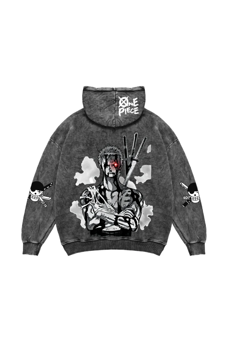 Roronoa Zoro Baskılı Oversize Unisex Yıkamalı Siyah Hoodie