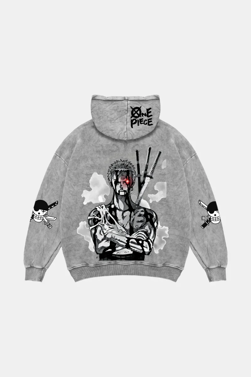 Roronoa Zoro Baskılı Oversize Unisex Yıkamalı Beyaz Hoodie