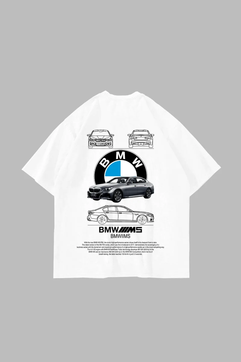 The M5 Blueprint Baskılı Oversize Unisex Beyaz Tshirt