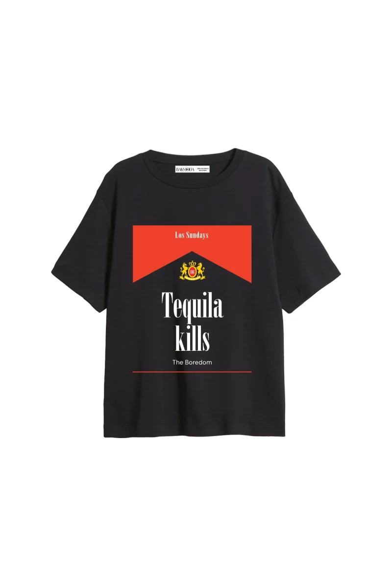 Tequila Kills Baskılı Relaxed Fit Siyah Kadın Tshirt