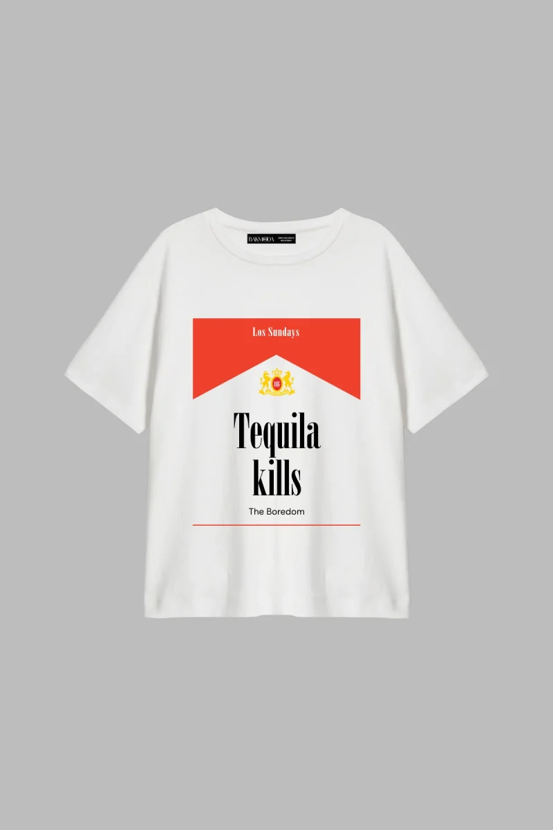 Tequila Kills Baskılı Relaxed Fit Beyaz Kadın Tshirt