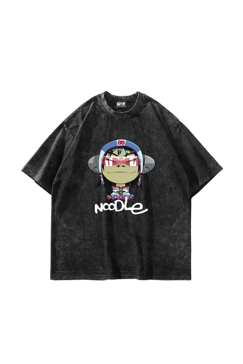 Gorillaz Noodle Baskılı Oversize Unisex Yıkamalı Siyah Tshirt