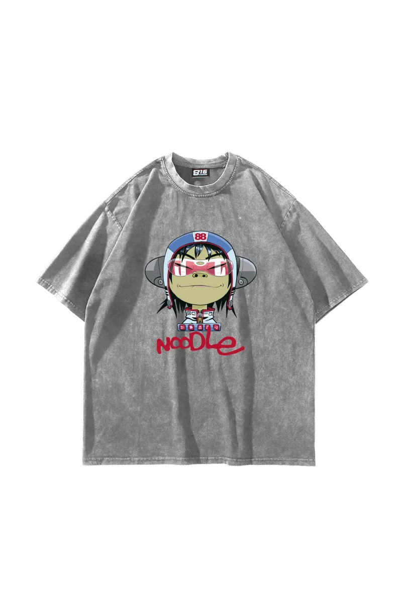 Gorillaz Noodle Baskılı Oversize Unisex Yıkamalı Beyaz Tshirt