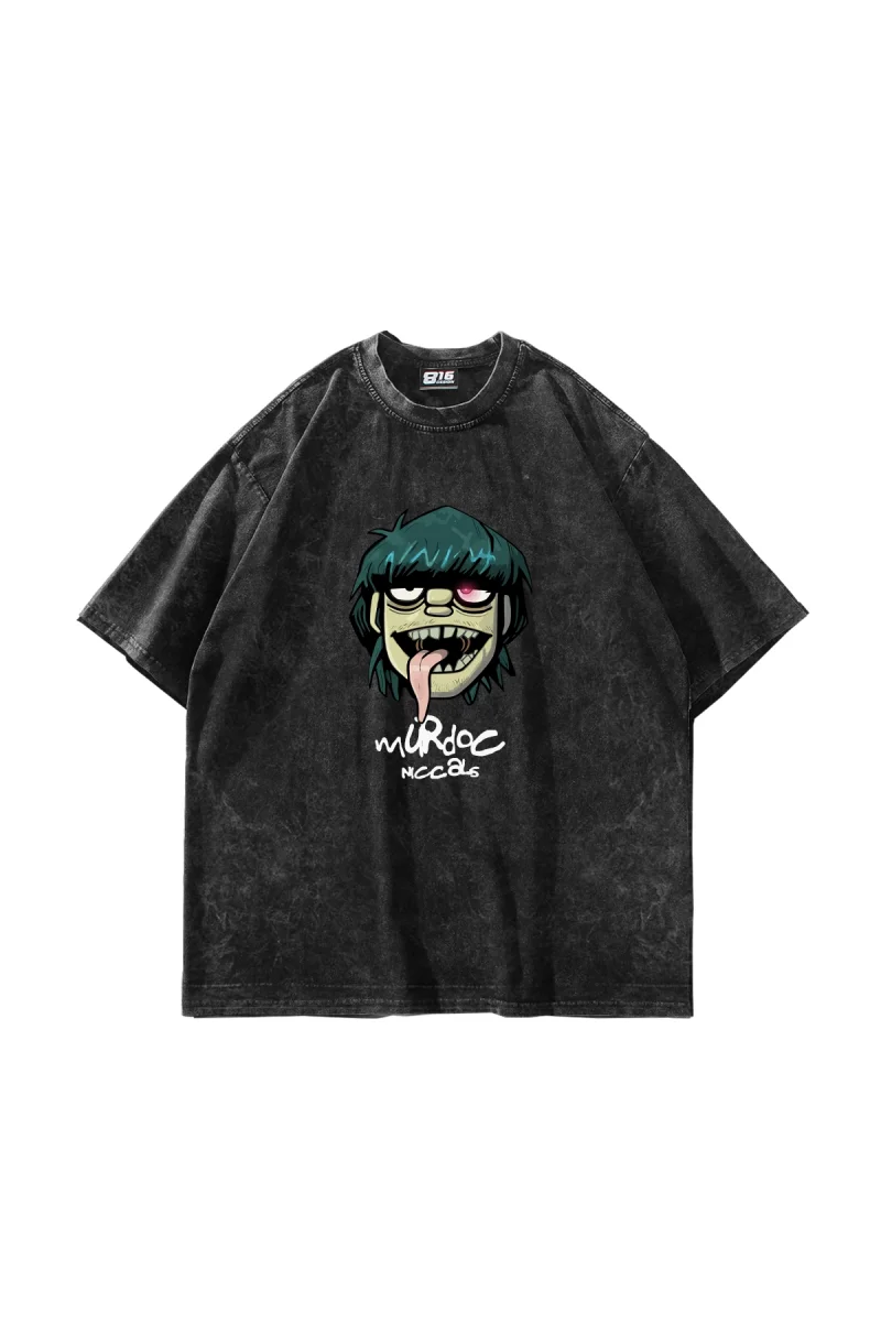 Gorillaz Murdoc Baskılı Oversize Unisex Yıkamalı Siyah Tshirt