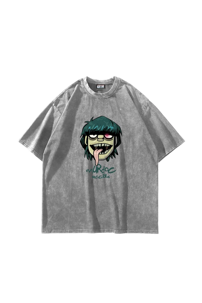 Gorillaz Murdoc Baskılı Oversize Unisex Yıkamalı Beyaz Tshirt
