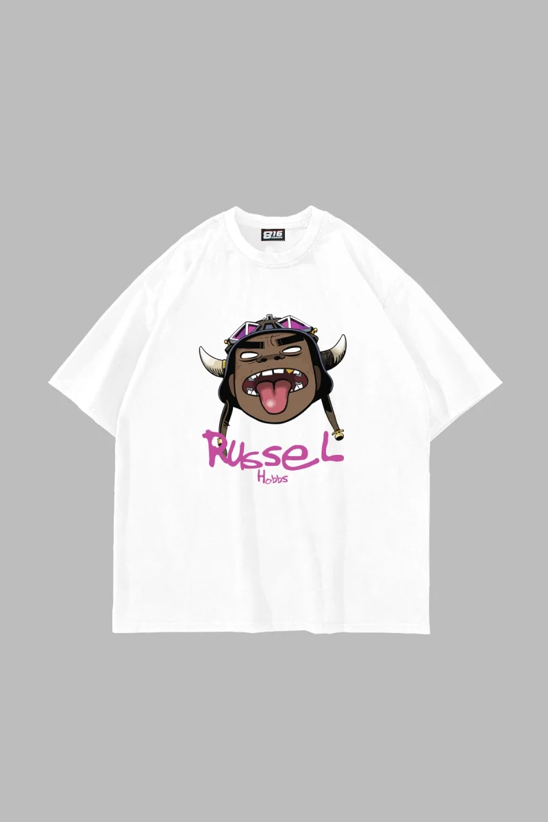 Gorillaz Russel Baskılı Oversize Unisex Beyaz Tshirt