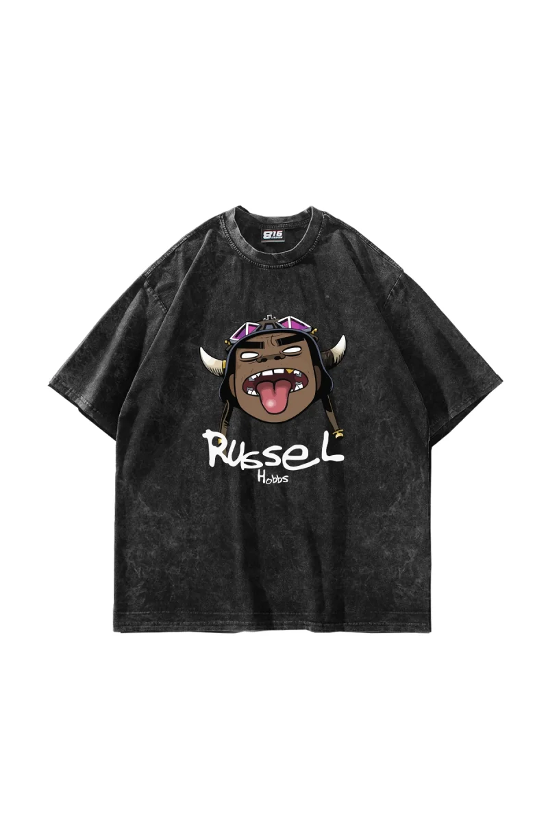 Gorillaz Russel Baskılı Oversize Unisex Yıkamalı Siyah Tshirt