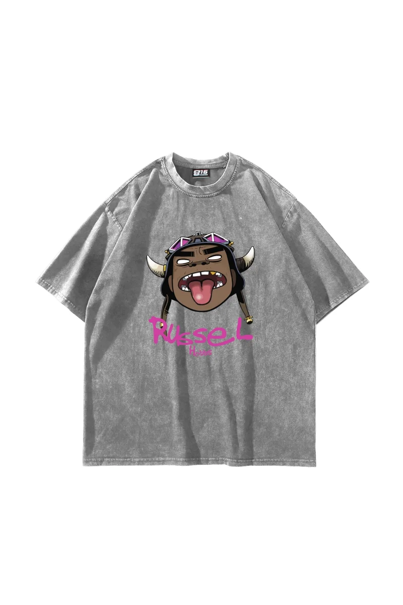 Gorillaz Russel Baskılı Oversize Unisex Yıkamalı Beyaz Tshirt