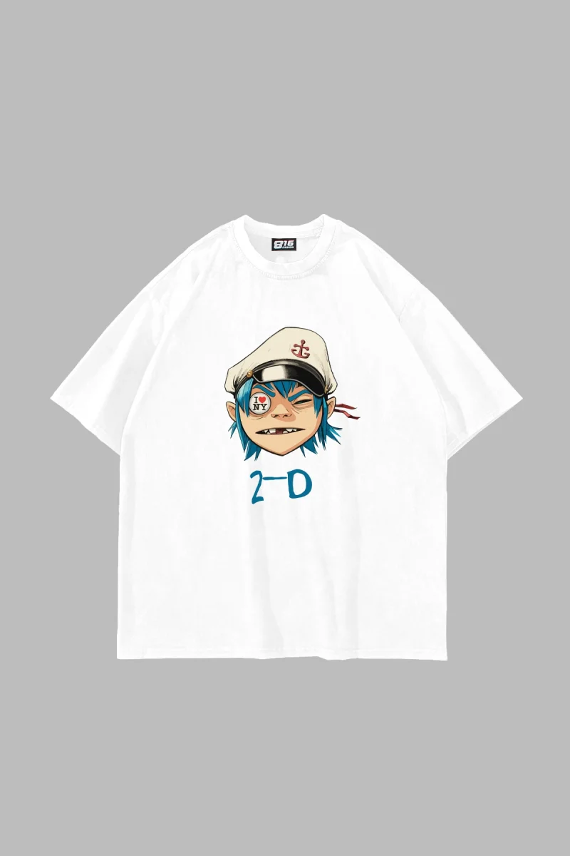 Gorillaz 2-D Baskılı Oversize Unisex Beyaz Tshirt