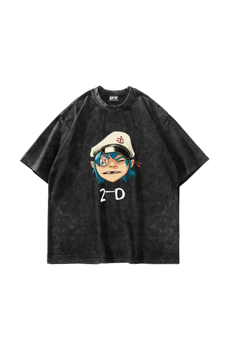 Gorillaz 2-D Baskılı Oversize Unisex Yıkamalı Siyah Tshirt