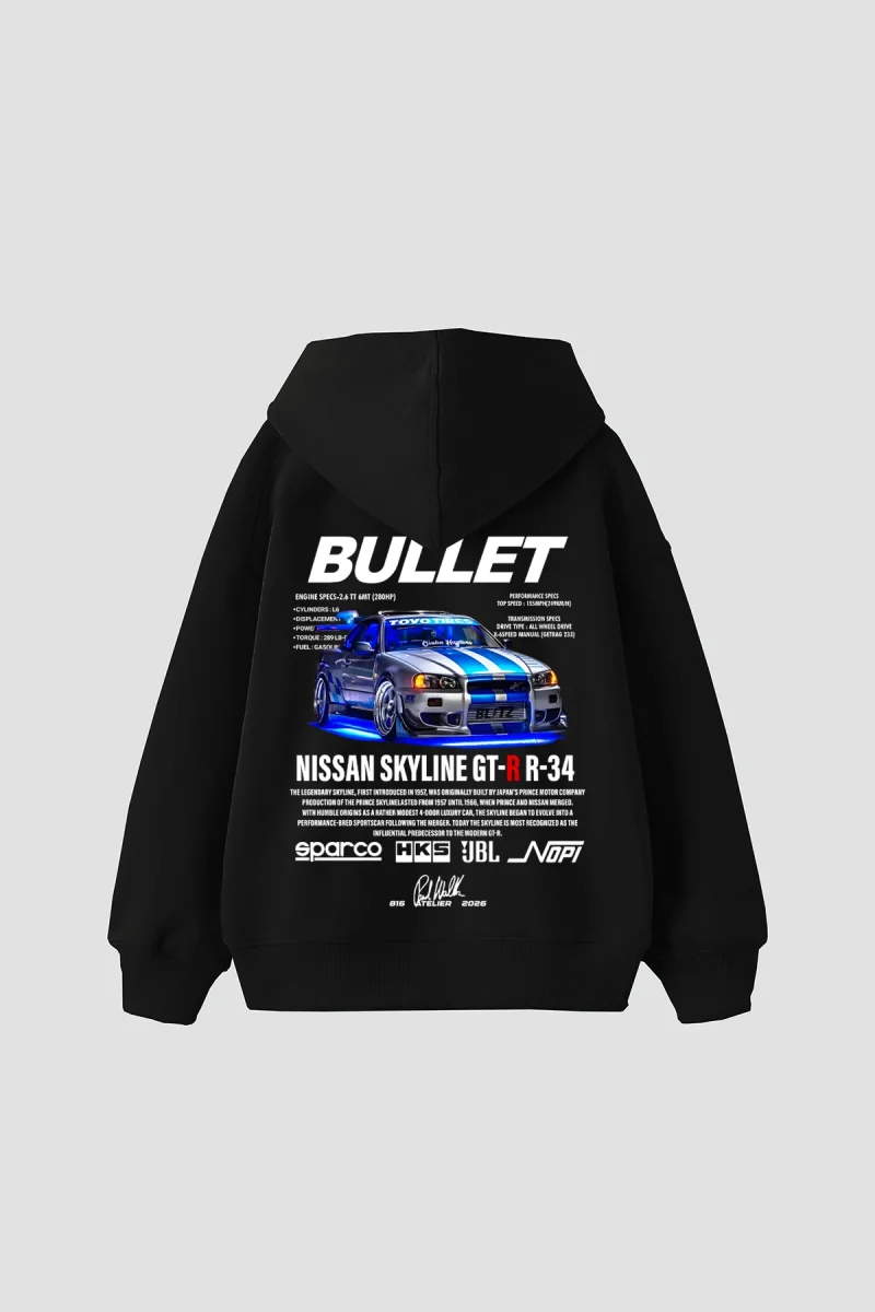 Bullet Baskılı Oversize Unisex Siyah Hoodie
