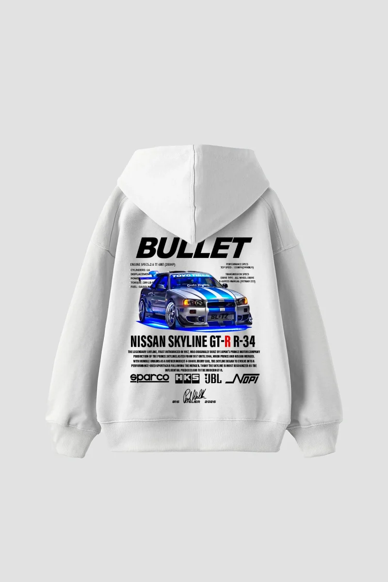 Bullet Baskılı Oversize Unisex Beyaz Hoodie