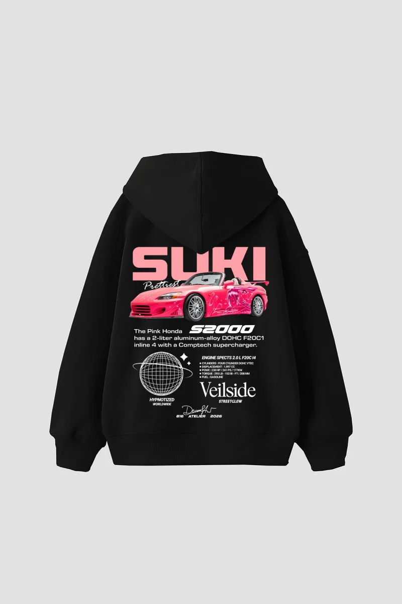 Suki Baskılı Oversize Unisex Siyah Hoodie