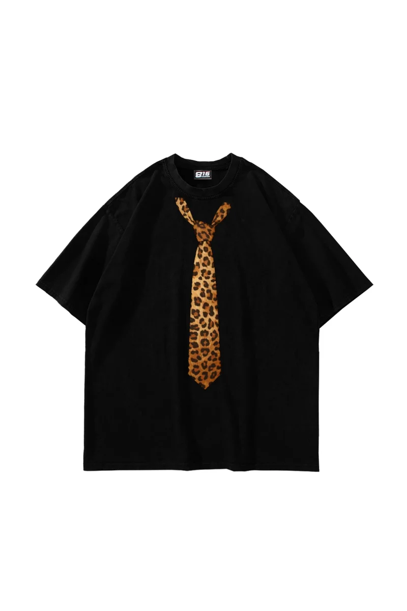 Tie Leopard Baskılı Oversize Unisex Siyah Tshirt