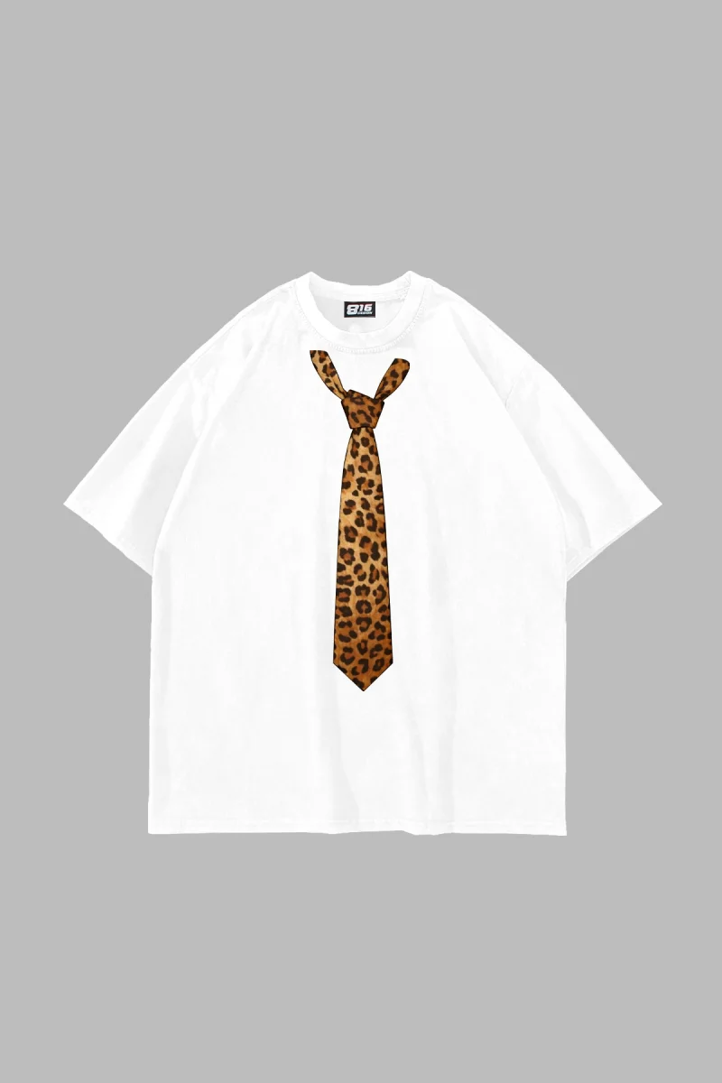 Tie Leopard Baskılı Oversize Unisex Beyaz Tshirt
