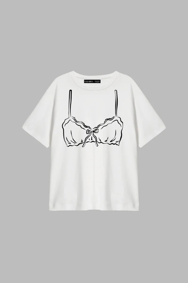 Lady Ribbon Baskılı Relaxed Fit Beyaz Kadın Tshirt