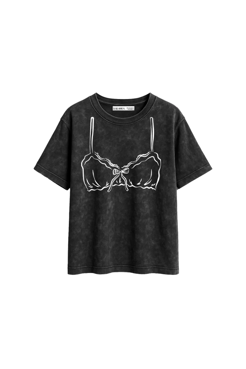 Lady Ribbon Baskılı Relaxed Fit Yıkamalı Siyah Kadın Tshirt