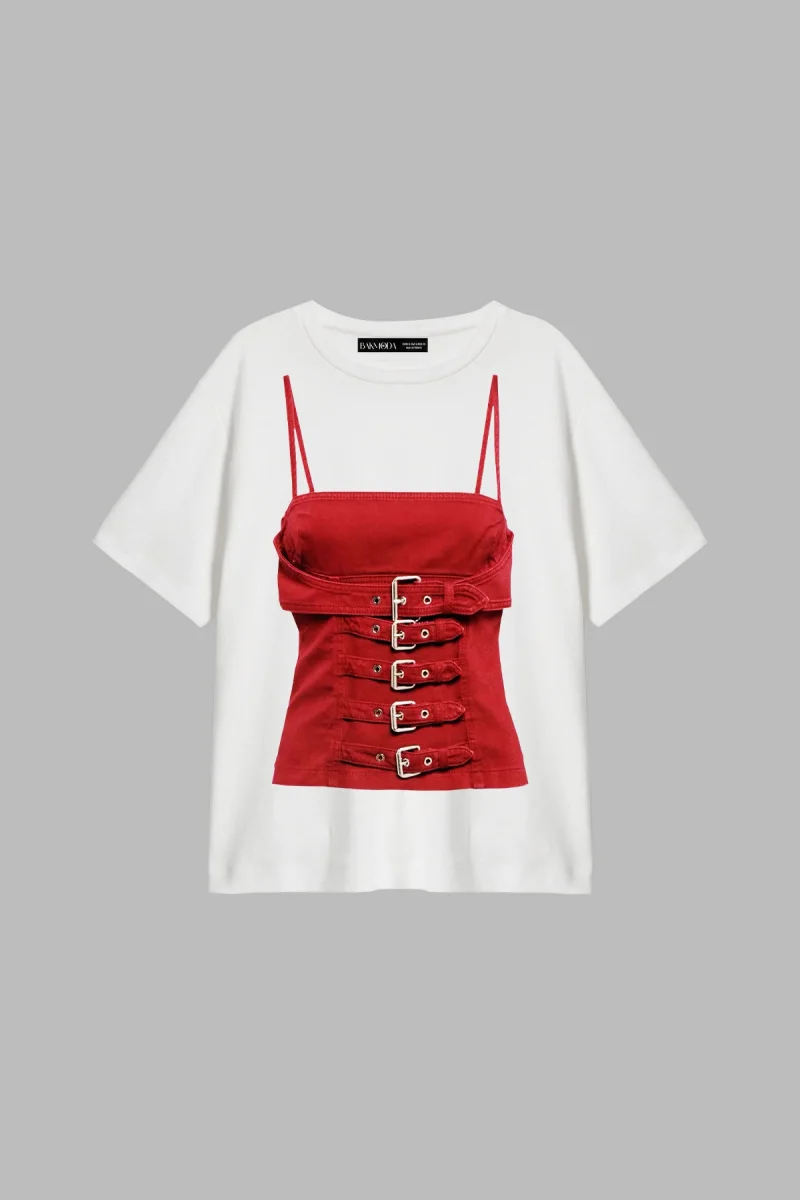 Red Bra Corset Baskılı Relaxed Fit Beyaz Kadın Tshirt