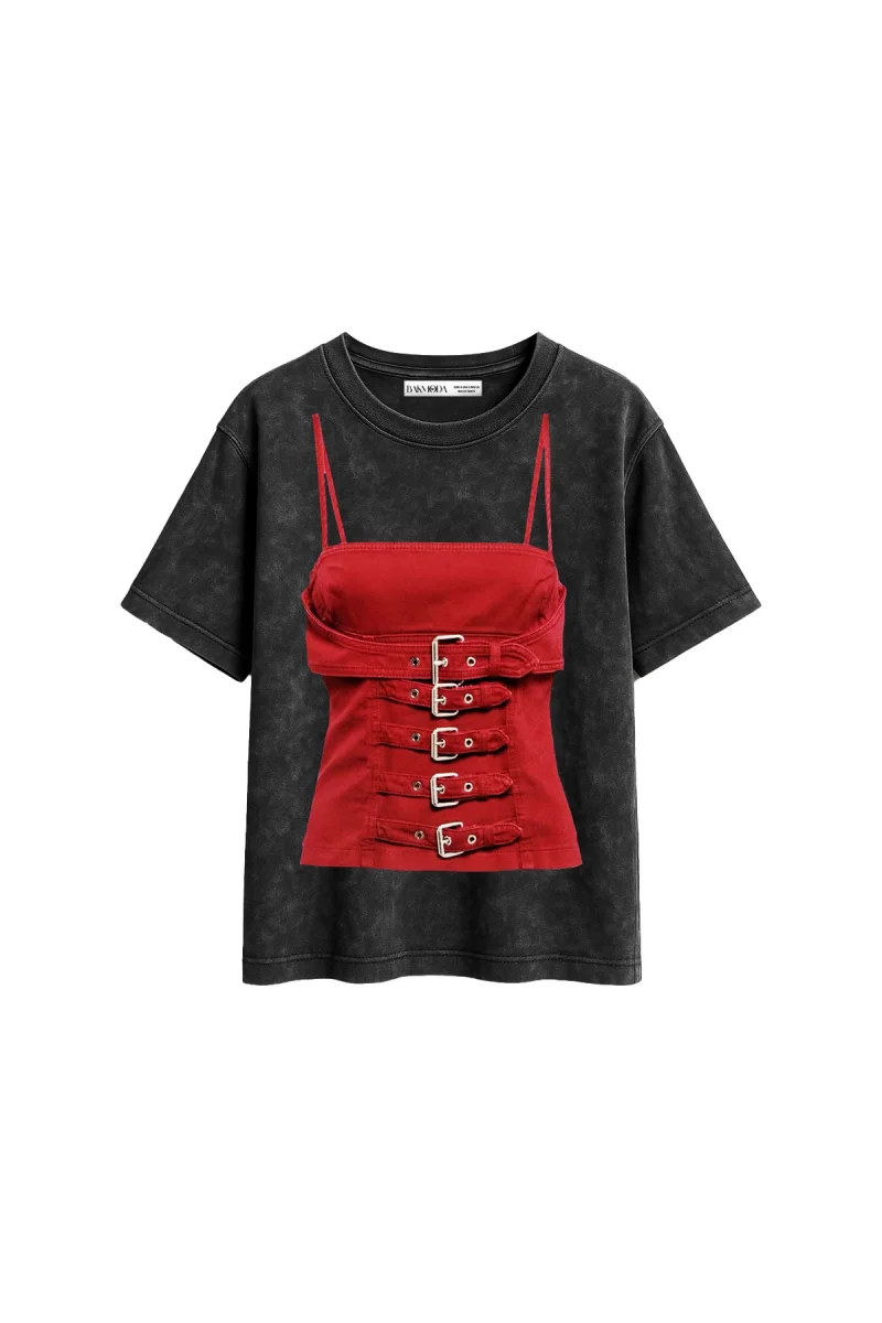 Red Bra Corset Baskılı Relaxed Fit Yıkamalı Siyah Kadın Tshirt