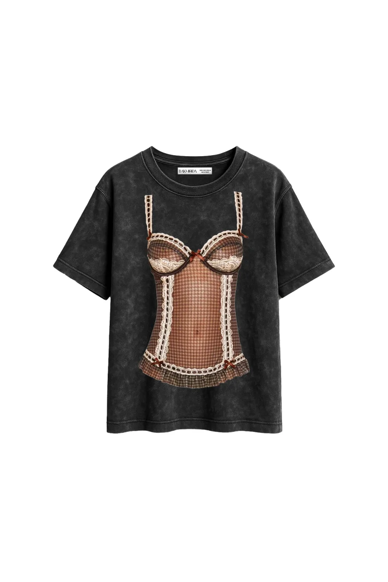 NKD Baskılı Relaxed Fit Yıkamalı Siyah Kadın Tshirt