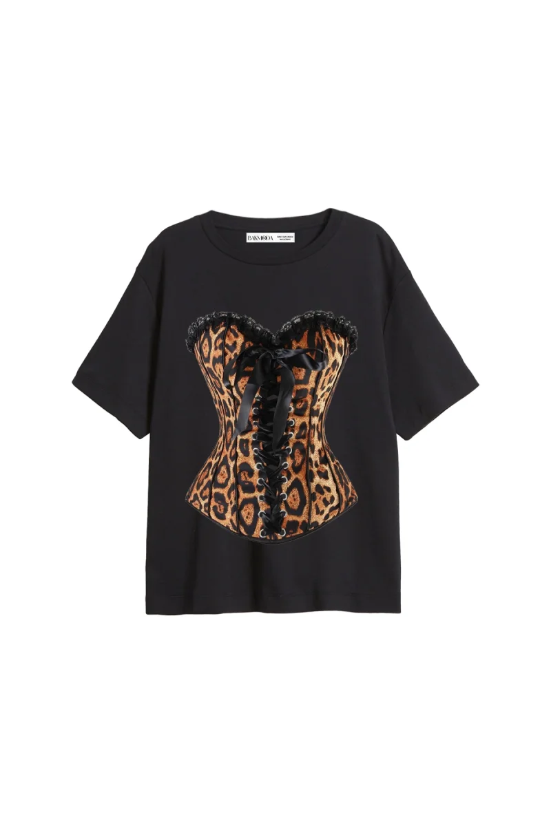 Leopard Corset Baskılı Relaxed Fit Siyah Kadın Tshirt
