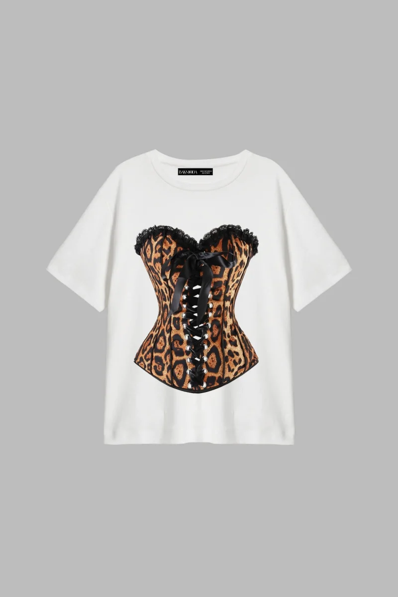 Leopard Corset Baskılı Relaxed Fit Beyaz Kadın Tshirt